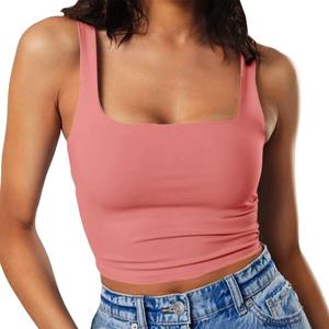 Artfish Women's Sleeveless Strappy Tank Square Neck Double Layer Workout Fitness Casual Basic Crop Tops (Brick Red), Smal