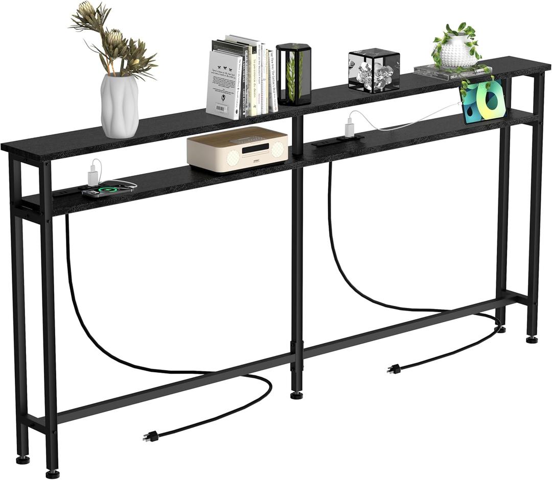 70 Inch Double-Layer Narrow Console Sofa Table with 2 Power Outlets &4 AC Plugs&4 USB Ports, 4.9' Extension Cord Included, Behind Couch Table for Living Room/Office Easy Assembly - Black