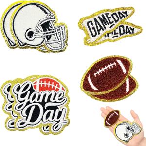 Jongdari 8 Pcs Football Game Day Helmet Patches Chenille Sports Iron On Patches Bulk for Hats Backpacks Clothes, Gameday Rugby Patch for Heat Press with Gold Edges (White, 8 Pcs)