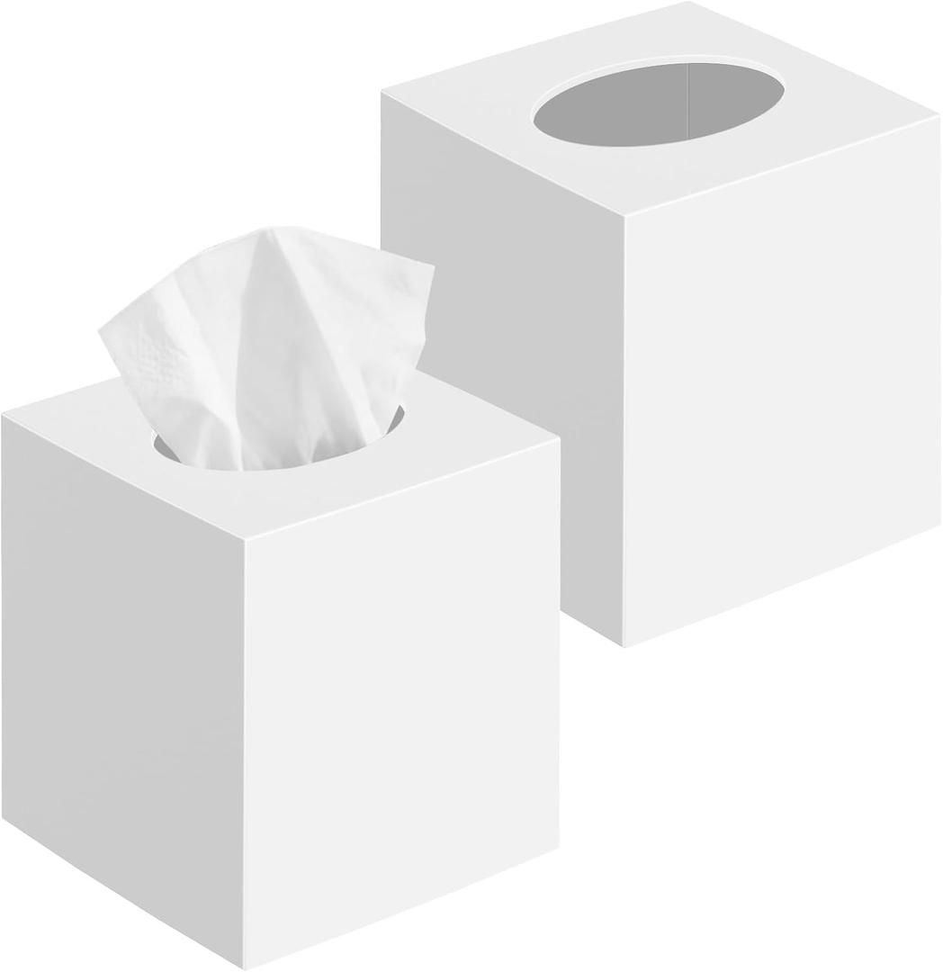 2 Pack Tissue Box Cover, Square Plastic Tissue Holder Non-Slip Base, White