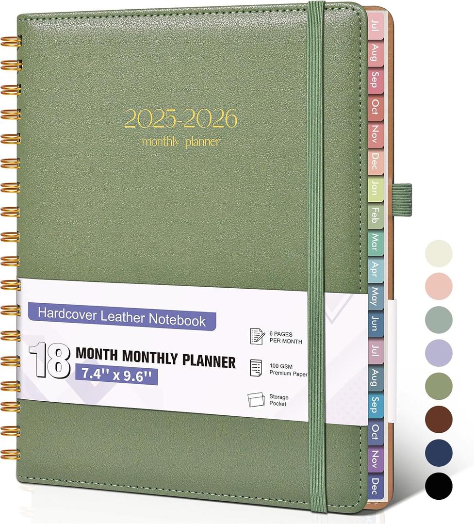 Monthly Planner 2026, 12 Months Hardcover Calendar Planner from January 2026 - December 2026, 7.4'' x 9.6'' Monthly Planner with Tabs, Spiral Daily Planner Perfect for Office School Teacher Student, Green