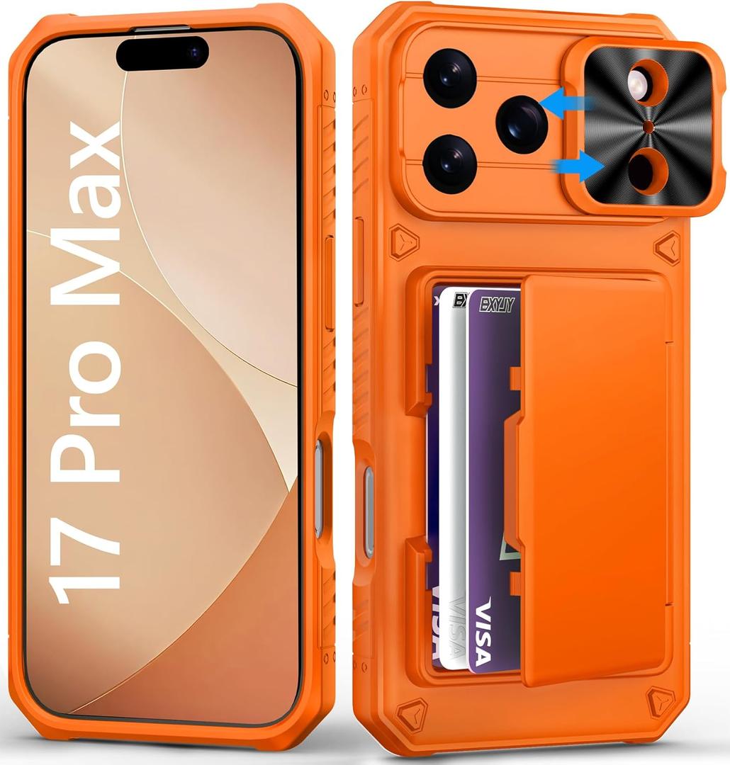for iPhone 17 Pro Max Phone Case Wallet, Card Holder (4-5 Cards), Slide Camera Cover, Military Grade Protection, Rugged Hard Women Girly Men Protective Case for iPhone17 Pro Max 6.9", Orange