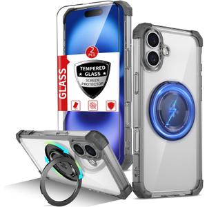 for iPhone 16 Case Magnetic Compatible with MagSafe Wireless Charging,with 2 Screen Protector,for 16 Case Built-in 360Kickstand Ring,Military Grade Drop Heavy Duty Protection Shockproof Black