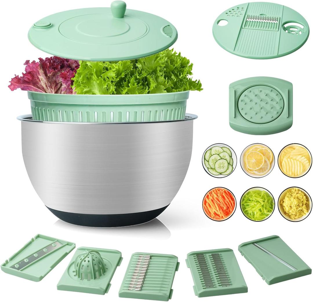 4.25 Qt Stainless Steel Salad Spinner Large, Salad Wash Bowl, Fruit & Vegetable Dryer, with 5-Blade Slicer, Egg Yolk Strainer and Shredder for Efficient Salad Preparation and Food Washing