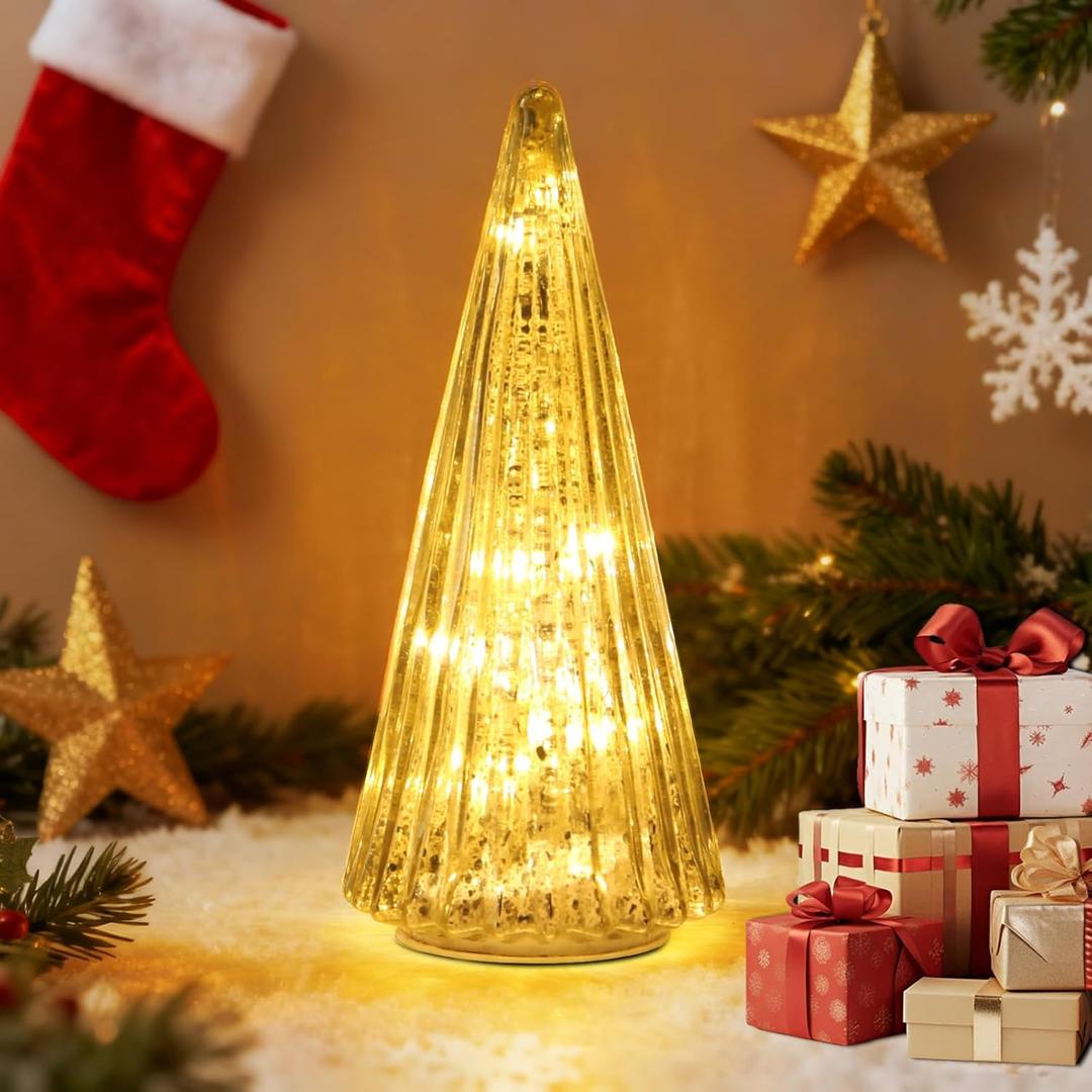 Mercury Glass Christmas Tree with LED Lights,Upgraded Tabletop Christmas Tree Decorations with Timer,Widely Applicable to Party,Holiday Home and Mantel Decor (Silver)