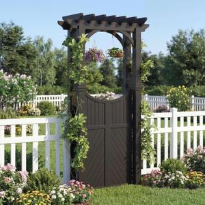 Garvee Wooden Garden Arbor with Gate and Trellis, Outdoor Arch Trellis for Climbing Plants and Plant Stand, Yard Garden Decor