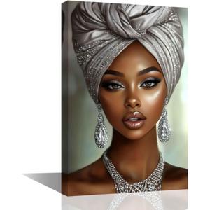 XLMDYYSW African American Wall Art Black Woman Portrait Canvas Print Girl Wearing Silver Headdress Picture Elegant Female Painting for Bedroom Home Framed (Silver, 16.00" x 24.00")