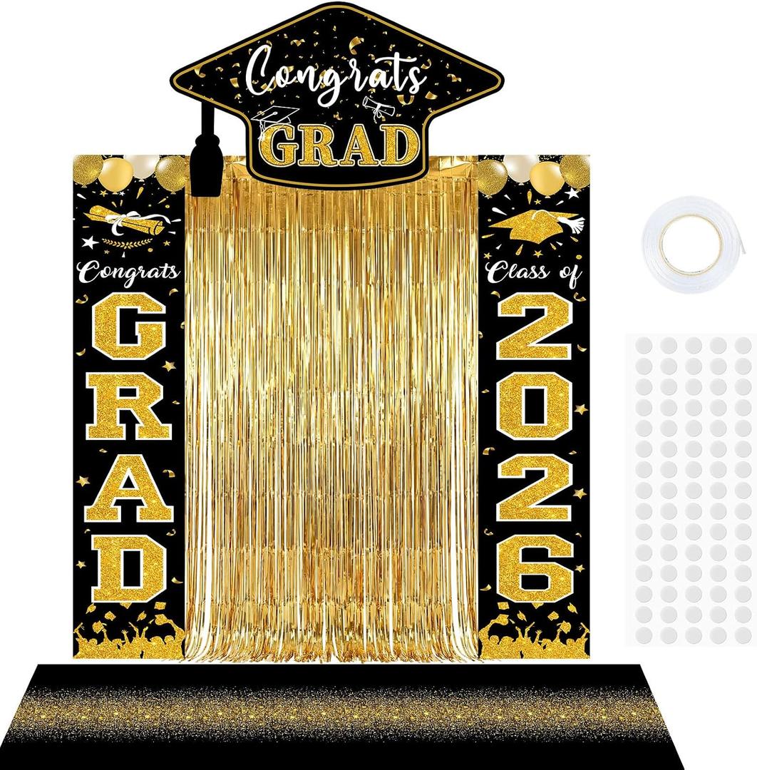 7 Pcs Graduation Party Decorations Class of 2026 Congrats Grad Banner Gold Foil Fringe Backdrop Curtains Black and Gold Graduation Decorations for High School & College Celebrations Party Supplies