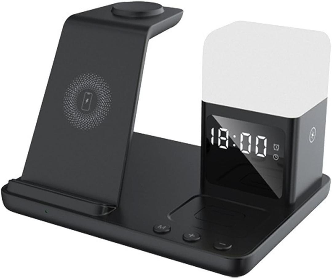 Digital Alarm Clocks For Bedrooms Led Alarm Clock Wireless Charger 6 In 1 Night Light Alarm Clock 15W Stand Wireless Charging Station For Mobile Phone Headset Digital Desk Clock Bedside Clock