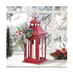 Christmas Decorations for Home, Decorative Christmas Lantern Indoor Outdoor Decor, Metal Hanging Candle Holder with Xmas Teardrop Wreath and LED Candle for Table Centerpieces, Patio (Red), 14,2"