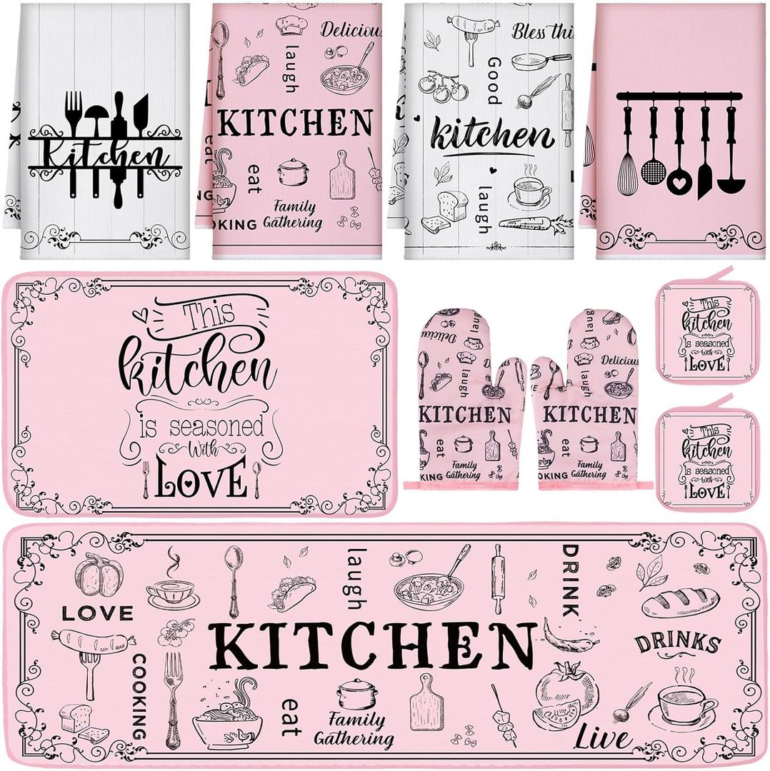 Fourluoo 10 Pcs Funny Pink Kitchen Decor Set 4 This Kitchen is Seasoned with Love Dish Towel 2 Pot Holders with Sayings 2 Oven Mitts Glove Rustic Non Slip Rug and Mat for Home Decoration Mom Gift