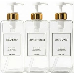 Modern Gold Design Shampoo and Conditioner Dispenser, Large 27oz Shower Soap Dispenser, Set of 3 Refillable Empty Plastic Pump Bottles for Bathroom, 6 Waterproof Labels Included, (Clear & White)