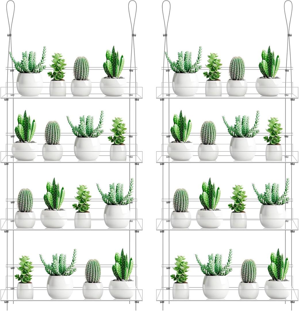 Ziliny 2 Pcs 16 Inch 4Tier Clear Hanging Window Plant Shelves Acrylic Height Adjustable Plant Stand Hanger Flower Pot Organizer Storage for Indoor Window Wall Garden Grow Herb Succulent