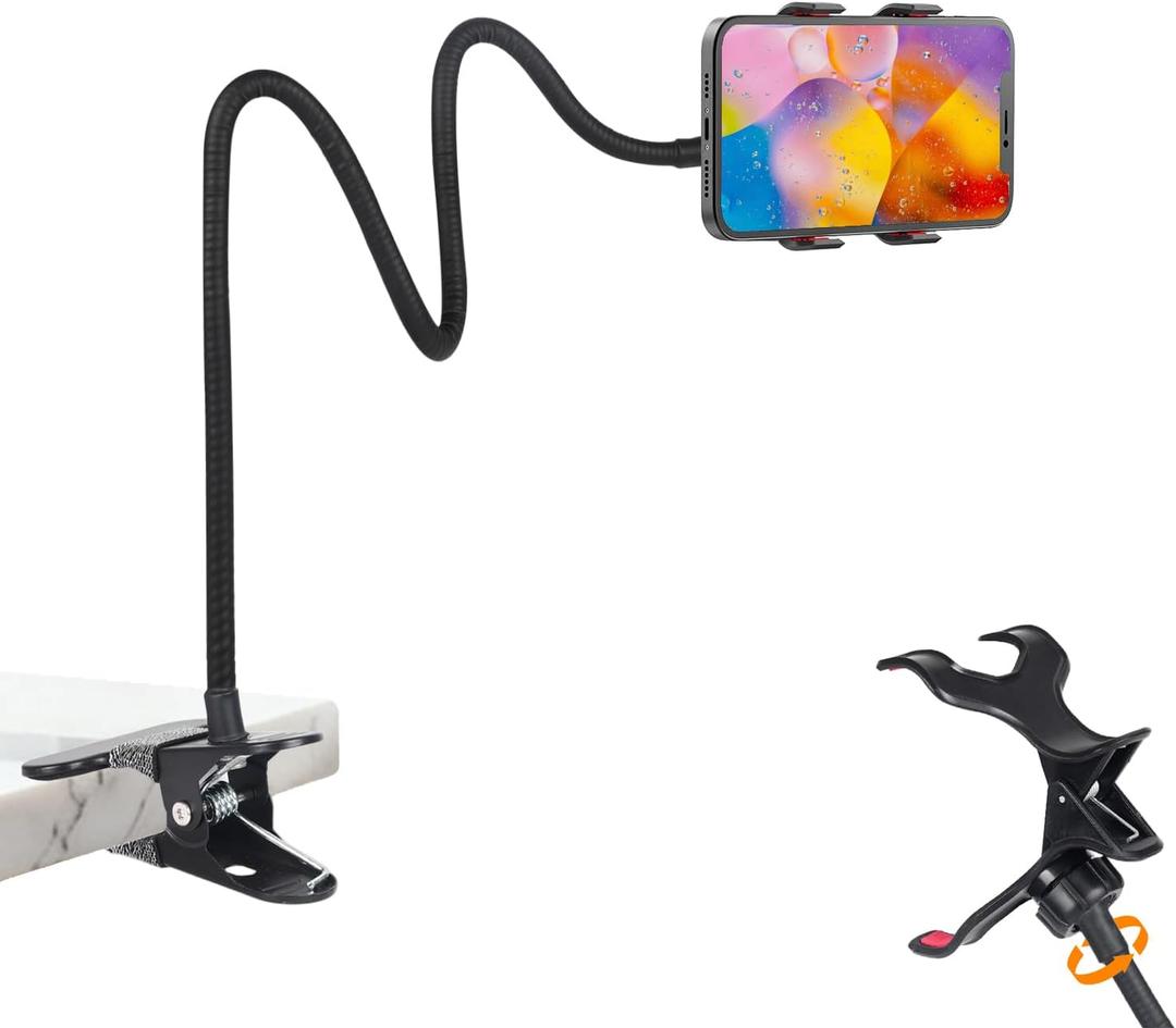 Gooseneck Phone Holder for Desk,Clip On Phone Holder for Bed,Flexible Long Arm Lazy Bracket,Cell Phone Stand Mount with Clamp for iPhone 16 Pro Max 15 14 13 X SE Series,for All 4"-7" Cellphone