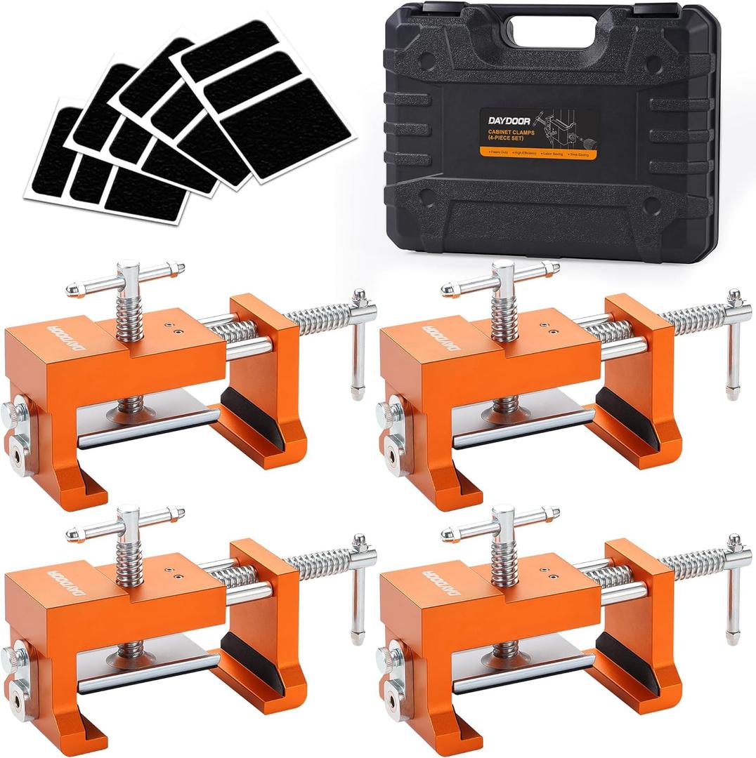 DAYDOOR Professional Cabinet Clamps 4 Pack, Heavy-Duty Cast Steel, Integrated Drill Guide & EVA Protection, Face Frame Alignment Tool for Cabinet Installation & Woodworking, Orange