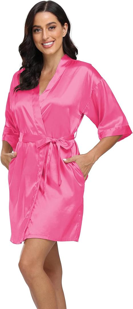 Women's Satin Robe Silk Kimono Bathrobe Pure Short Sexy Sleepwear Bridesmaid Bride Party Robes with Pockets S