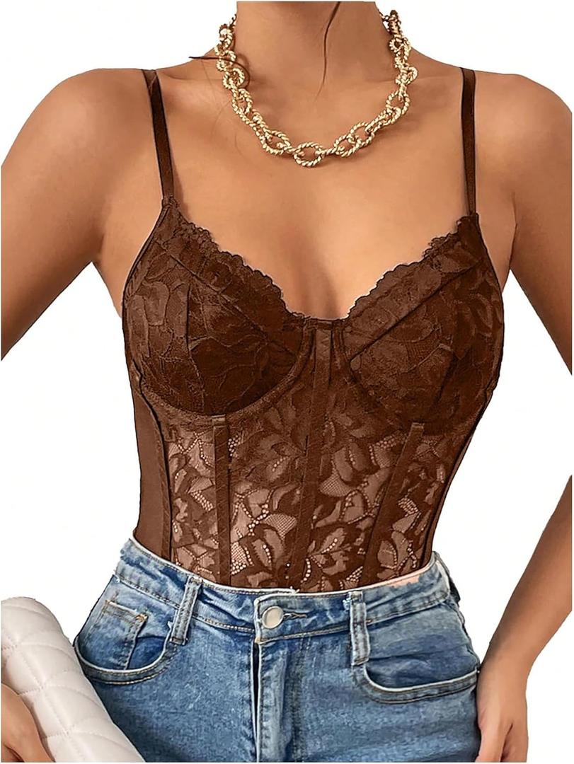 Milumia Women's Sexy Sheer Mesh Lace Bodysuit Spaghetti Strap Bustier Corset Tops Rave Party Club (Medium, Light Brown)
