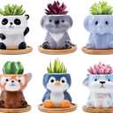 6 Pack Animal Ceramic Succulent Pots with Drainage  Mini Cute Planters with Bamboo Trays for Indoor Plants & Cactus, Adorable Animal Pots for Desk, Office, Home Decor, Gift for Kids & Plant Lovers