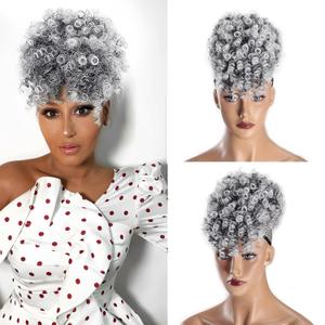 Gray Afro Puff Drawstring Ponytail with Curly Hair Pieces Clip in Bangs Short Ponytail Hair Extensions drawstring ponytail for Black Women, T1B/Gray