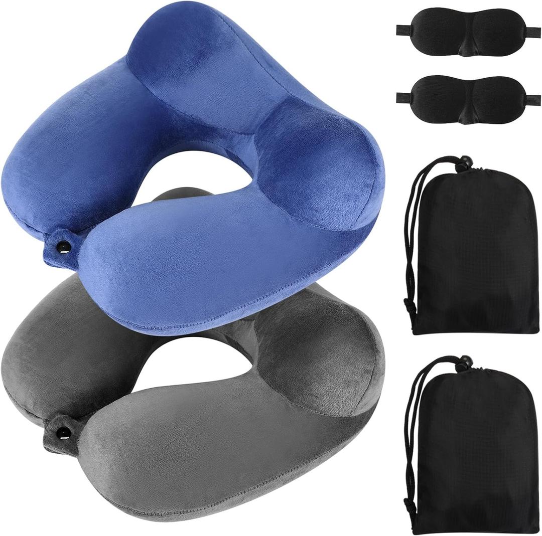 Sintuff 2 Pcs Inflatable Travel Pillow with Compact Bag and Blindfold Velvet Inflatable Neck Airplane Pillow Washable Cushion for Airplanes Flight Car Long Traveling Kids Adults Grey Blue