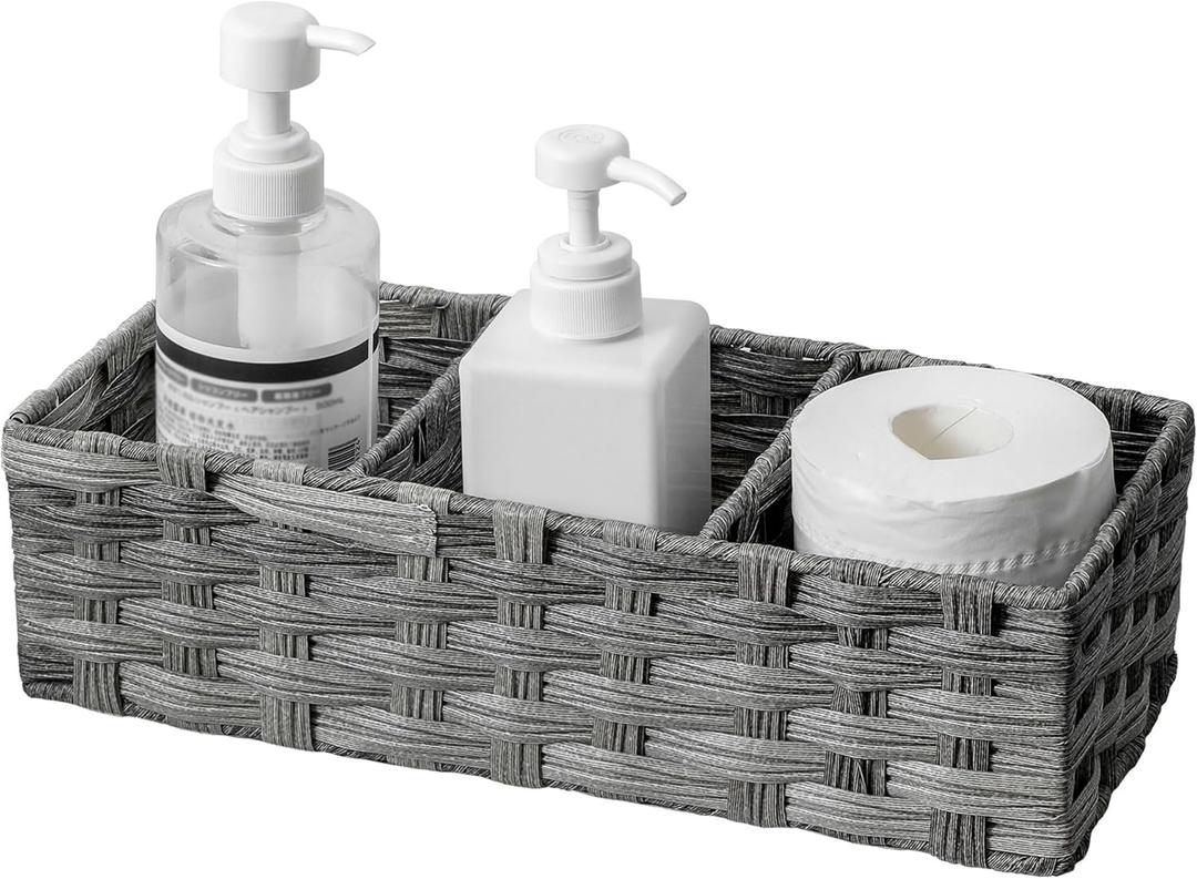 Toilet Tank Topper Paper Basket Multiuse Hand Woven Plastic Wicker Basket Bins with Divider for Shelves Rustic Farmhouse Bathroom Decor Countertop Organizer Storage (Grey-small 3 Boxes)