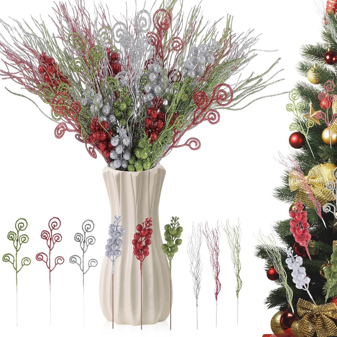 Shinymoon 72 Pcs Red Green Silver Christmas Tree Picks and Sprays Decorations 17'' 12'' 8.6'' Artificial Glitter Christmas Flower Berry Branches Stems for Xmas Tree Wreath Vase Filler Holiday Decor