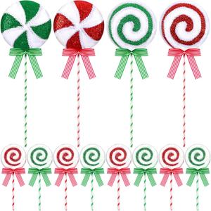 Wettarn 12 Pieces Christmas Candy Tree Picks with Ribbon Christmas Decorations 5.9" & 14.5" Glitter Lollipop Candy Canes Ornaments for Xmas Tree Topper Home Vase Party Ornaments(Red, Green)