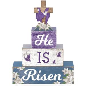 4 Pcs Easter Table Decorations He Is Risen Wooden Table Sign Religious Wood Centerpiece Easter Cross Blocks Farmhouse Tiered Tray Decor for Home Kitchen Shelf Decor(Cross)