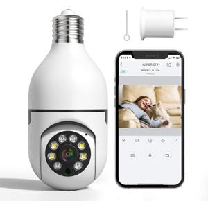 2 Pcs Light Bulb Security Cameras Wireless Indoor 355 Degree Pan/Tilt 3MP Camera Surveillance with Motion Detection Alarm Night Vision Two-Way-Talk Supported 2.4GHz WiFi (Not Compatible 5G WiFi)