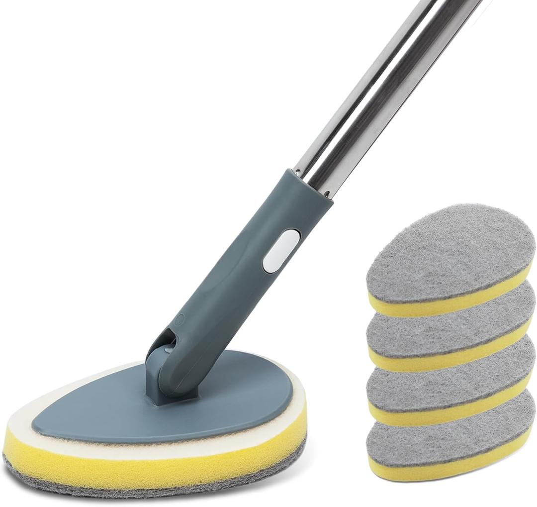 TreeLen Long Handle Shower Bathtub Tub Scrubber with 180 Head & 5 Replaceable Heads -49" Bathroom Cleaning Brush for Bathtub, Tiles, Glass (Non-Scratch Scouring Pads Included)