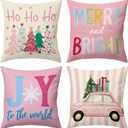 BBOLDIN Pink Christmas Throw Pillow Covers 18x18 Couch Cushion Covers, Holiday Tree Decorations for Sofa Home, Xmas Country Striped Car Farmhouse Pillow Cases Winter Decor Set of 4