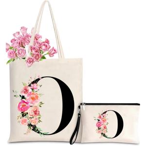 Initial Canvas Tote Bag for Women, Personalized Monogrammed Tote Bags with Makeup Gift Bag for Wedding Bridesmaids Birthday