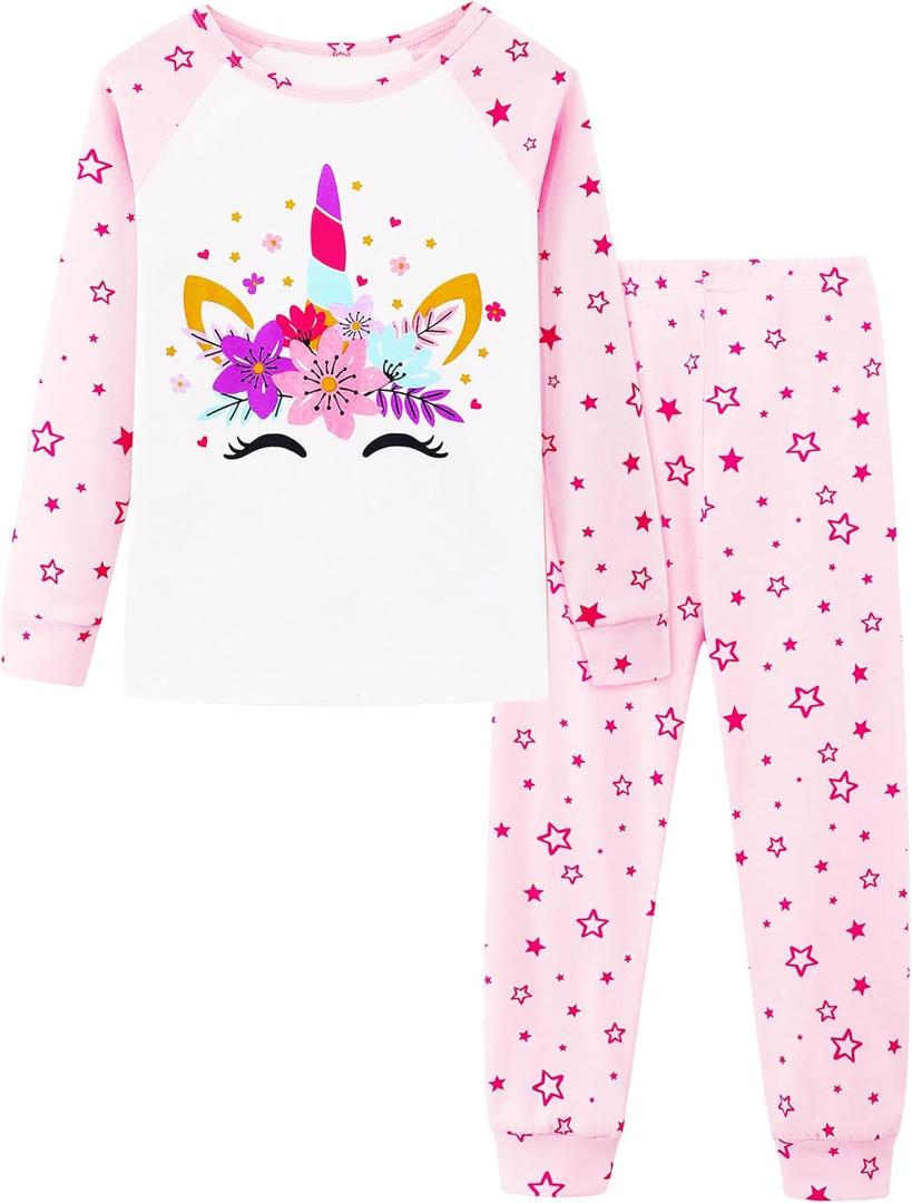 Mikrdoo Girls Pajamas Kids Soft Cute Cotton Long Sleeve 2 Piece Stretchy Snug Fit Pjs Set for Girls Size 4-14Y (7 Years, Pink Star Unicorn)