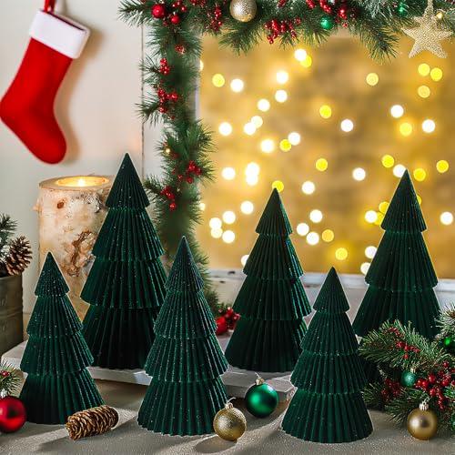 Thyle Green 6 Pcs Velvet Christmas Tree Figurines - 6" 8" 10" 12" Winter Holiday Modern Cone Tabletop Decoration Set for Mantel Entryway Centerpiece Home Rustic Minimalist Tree Decor