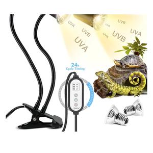 TFNN Reptile Heat Lamp, Double-Head Heat Lamp with Clamp, UVA UVB Reptile Light with Intelligent Cycle Timer for Turtle, Bearded Dragon, Lizard and More, 2 Bulbs 25W+50W