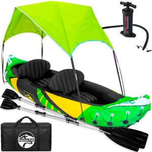 Inflatable Kayak 2 Person with Detachable Sun Canopy Heavy-Duty Tandem Kayak for Adults Reinforced Paddles, Waterproof Phone Bags, Adjustable Seats, Extra Seat for Dog or Child