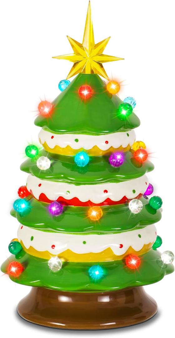 Ceramic Christmas Tree, 12" Macaroon Donut Tabletop Christmas Tree with Multicolored Lights Decorative Christmas Tree for Holiday Xmas Indoor Decorations
