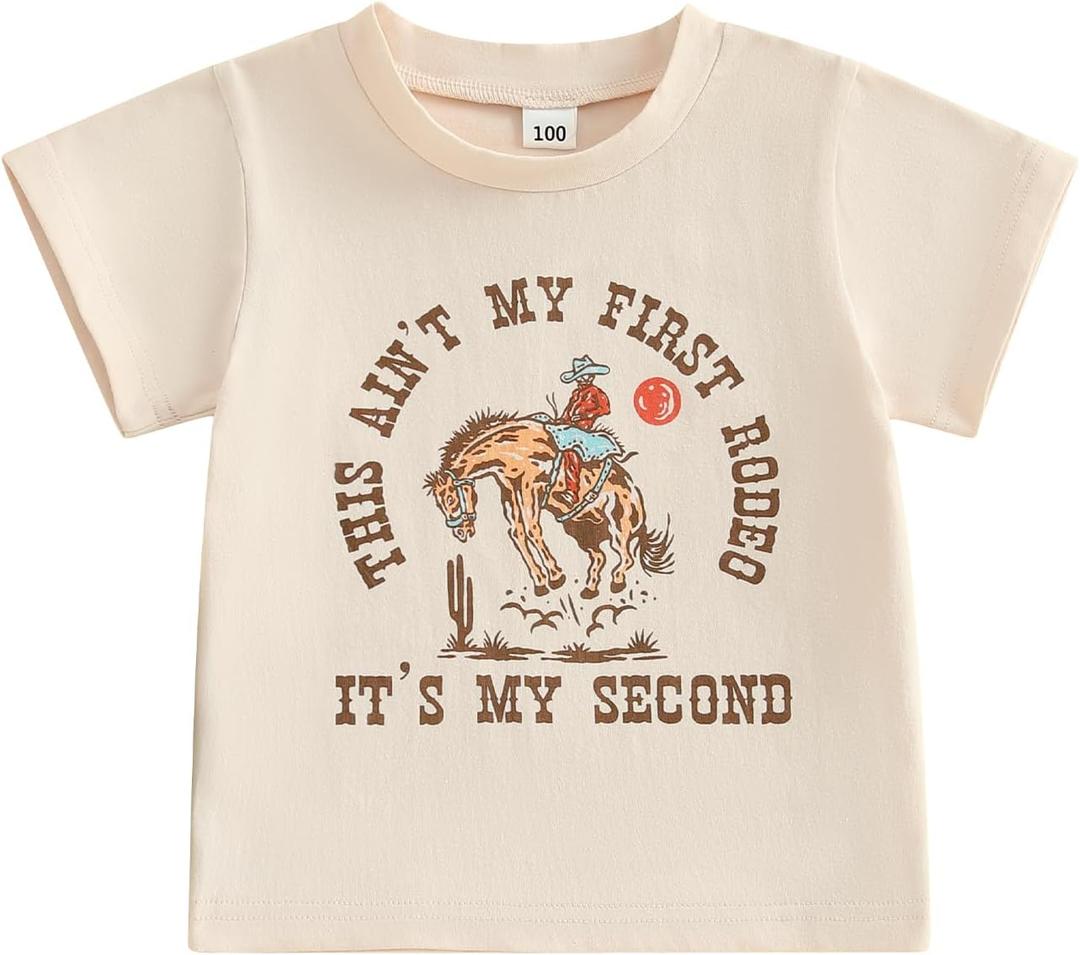 Toddler Baby Girl Boy 2nd Birthday Outfit This Ain't My First Rodeo Its My Second Short Sleeve T-Shirt Summer Clothes (Brown)