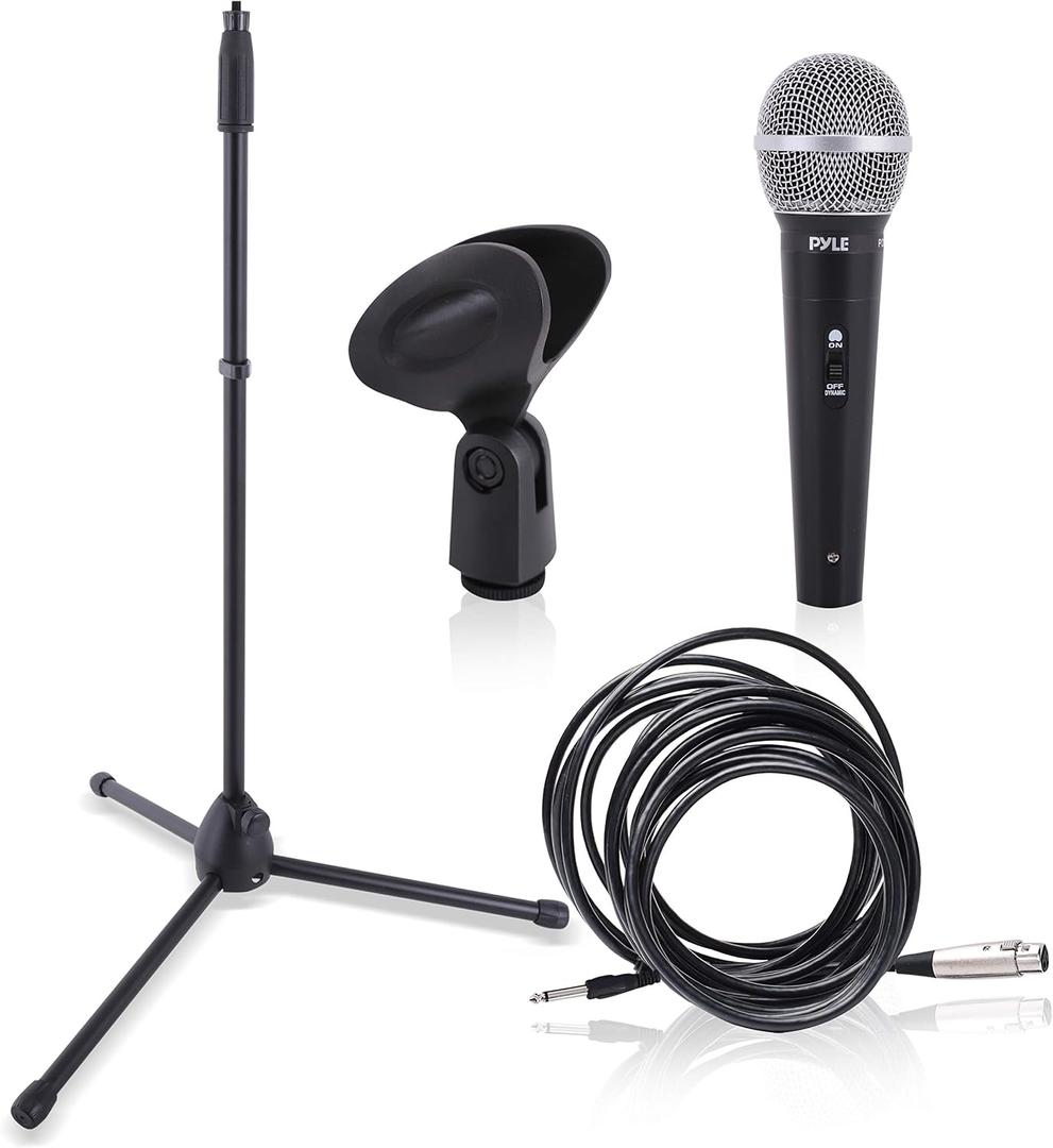 Professional Handheld Dynamic Microphone Kit - Unidirectional Vocal Wired Microphone w/Carry Bag, Metal Mic Stand, Holder/Clip & 16.4ft XLR Audio Cable to 1/4'' Audio Connection - Pyle PDMIC88ST