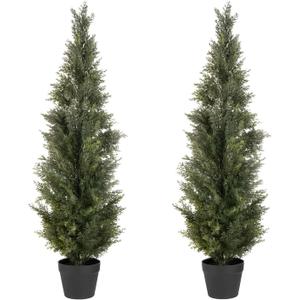 4FT Artificial Cedar Topiary Trees, 2Pack Lifelike UV Protected Faux Cedar Tree Fake Cypress Trees Evergreen Plants for Front Door Decor, Porch, Garden, Entryway