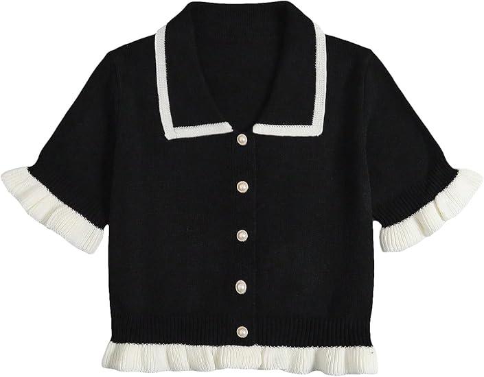 Women's Plus Size Contrast Trim Short Sleeve Lapel Collar Cardigan, Black, Large