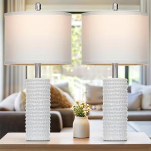 24.5" Modern Ceramic Table Lamps for Living Room Farmhouse Nightstand Lamps Set of 2 with White Linen Shade Office Reading Lamp Bedroom Lamps for Bedside End Table, Bedroom, Living Room, White
