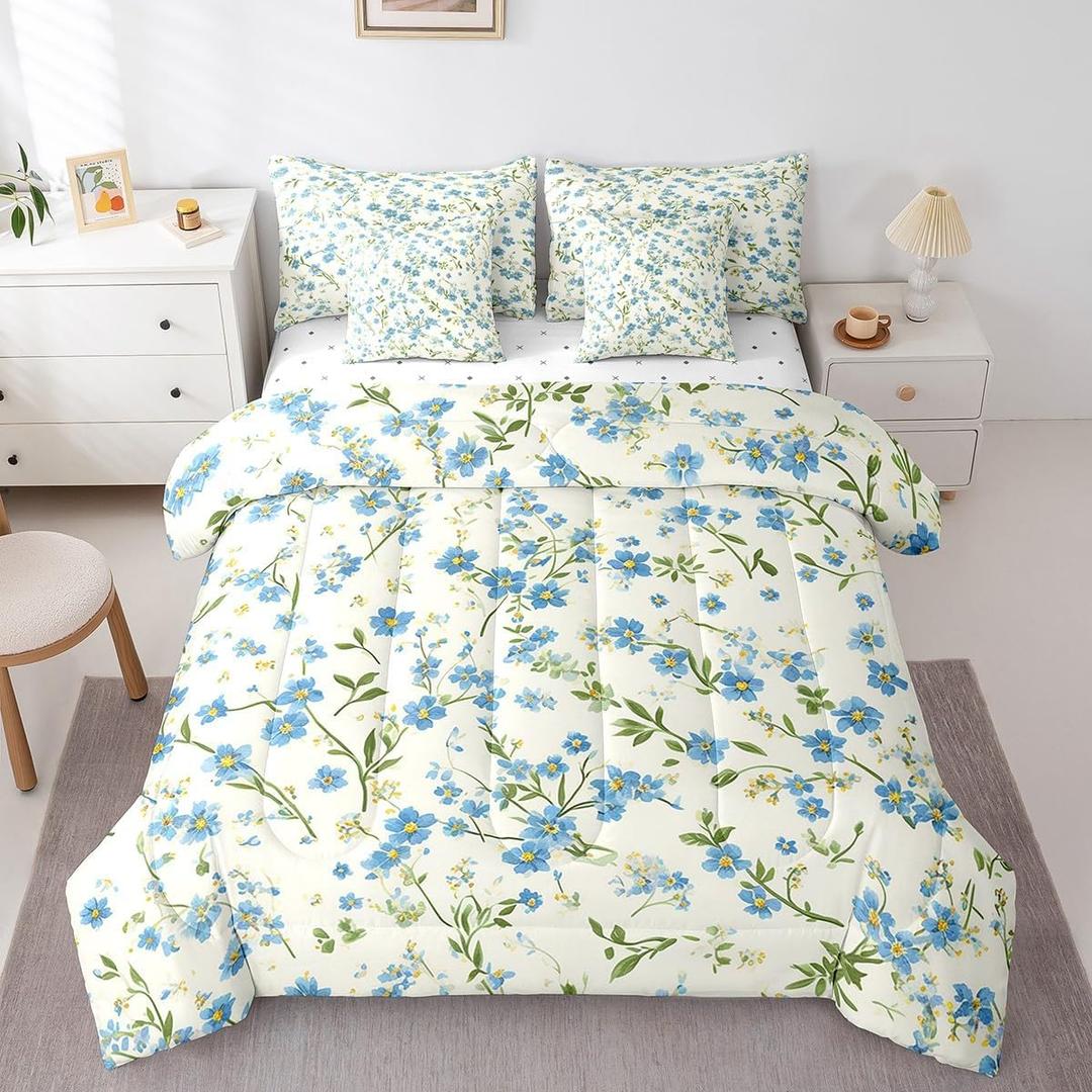 Homewish Blue Flowers Reversible 7 Pieces Comforter Set King Size,Boho Watercolor Floral Print Bed Sheet Set Green Leaves Plant Ink Painting Bedding Set with Comforter,Fitted & Flat Sheet
