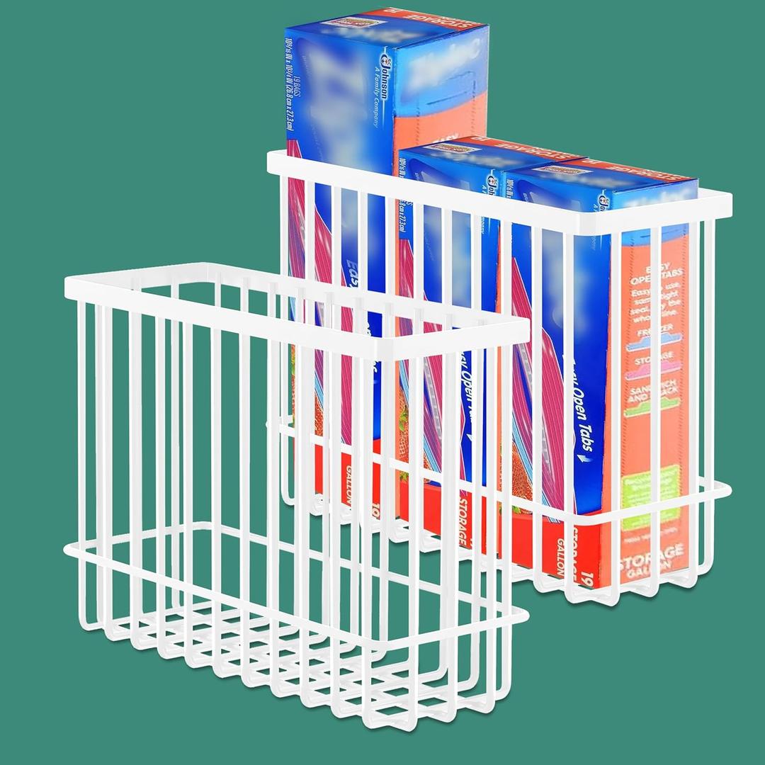 2 Pack Cabinet Door Organizer, Foil and Plastic Wrap Organizer, Wall Mounted Kitchen Organizers and Storage Wire Basket, Pantry Door Storage Kitchen Wrap, White