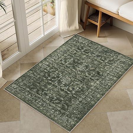 Washable Area Rug 2x3 Green Rugs for Living Room, Vintage Boho Rug for Bedroom Dining Room Office, Distressed Floral Print Carpet for Under Table, Soft Non Slip Low Pile Throw Carpet Indoor Mat