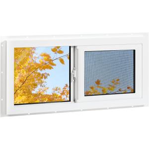 Vinyl Basement Window, 32" x 14" Bathroom Sliding Window with Double Pane Insulated Tempered Glass and Fiberglass Screen for Basement, Bathroom, Shed (White)