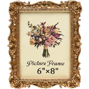 JANDERART Vintage Picture Frame 6x8 Inch, Antique Ornate Photo Frames with Glass Front, Baroque Design, Tabletop & Wall Hanging, Photo Gallery, Gold
