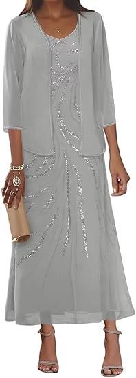 Raseal Sequin Mother of The Bride Dresses 3/4 Sleeve Chiffon Wedding Guest Dresses with Jacket Long RS117
, Grey, Size 12