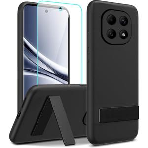 Compatible for Xiaomi Poco M8/Redmi Note 15 5G Phone Case with Glass Screen Protector, [3 Stand Ways] Metal Kickstand Silicone TPU Shockproof Protective Cover Case for Redmi Note 15 5G 2025 - Black
