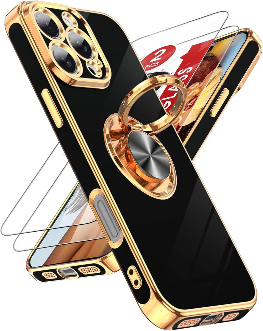 LeYi for iPhone 16 Pro Case: with 2 Pack Tempered Glass Screen Protector and 360 Rotatable Ring Holder Magnetic Kickstand, Plating Rose Gold Edge Protective for iPhone 16 Pro Case, Black